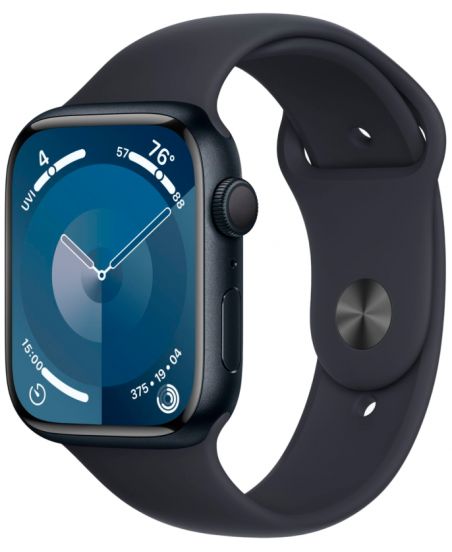 Apple Watch Series 9, 45 мм, корпус из алюминия цвета тёмная ночь, спортивный ремешок цвета тёмная ночь, размер M/L