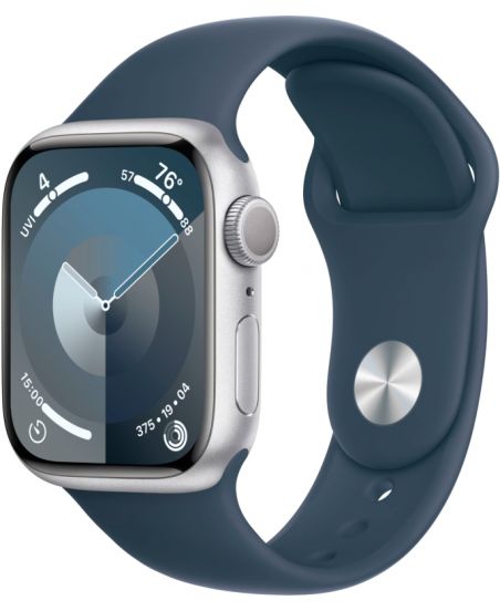 Apple Watch Series 9, 41 мм, корпус из алюминия серебристого цвета, спортивный ремешок цвета грозовой синий, размер M/L