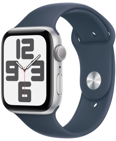 Apple Watch SE 2023, 44 мм, корпус из алюминия серебристого цвета, спортивный ремешок цвета грозовой синий, GPS + Cellular