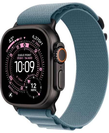 Apple Watch Ultra 3, Black Titanium Case with Light Blue Alpine Loop (L)